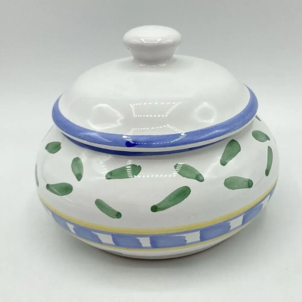 Vtg Williams Sonoma Tournesol Italy Handpainted Sugar Bowl with Lid Blue White